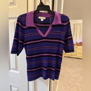 Liz Claiborne Purple and Black Striped V‑Neck Polo